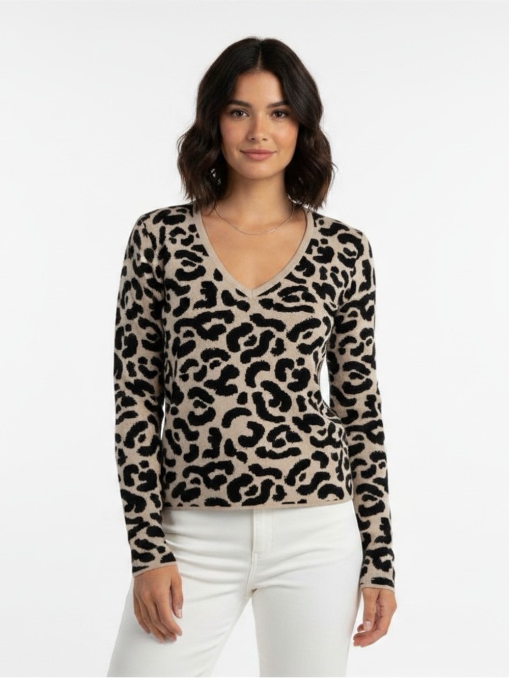 NWT | Lita by Ciara | Wool Animal Print V-Neck Sweater | Milk/Black | Small